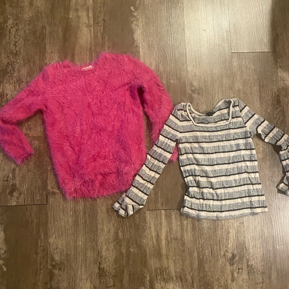 H&M Pink Fuzzy Sweater and Gray Striped Top Set